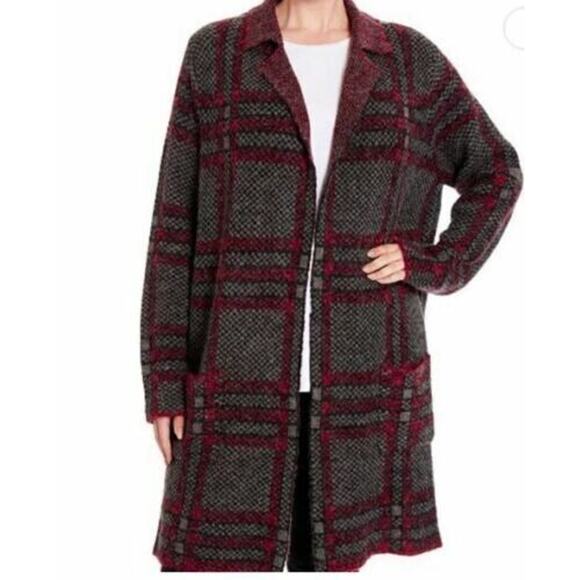 Joseph A Women's Open Notch Collar Cardigan In Red/Grey/Blk Plaid Petite XS $88 - Picture 1 of 2